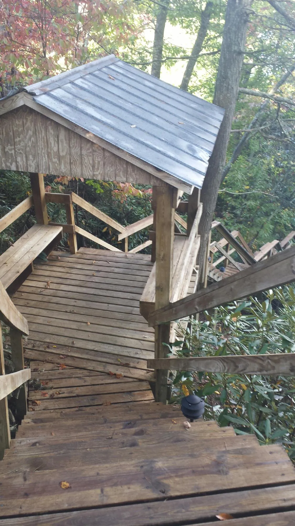 Metal roofed shelter over wooden steps on a wooded walkway — Skylight Repair & Installation work by our crew in Lubbock